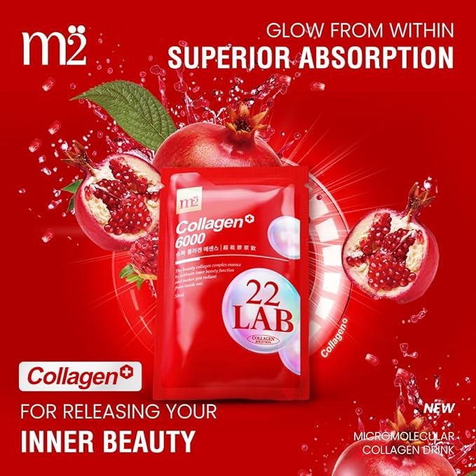 m2 Super Collagen Drink Liquid, Super Concentrate 6000mg Dual Peptide Collagen, Secrets of Korean Celebs, 68% More Collagen After 24 Hours, Drink from Pouch, No Added Sugar (8pk)