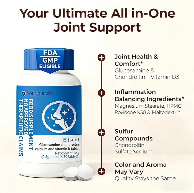 Glucosamine Chondroitin with Calcium + Vitamin D3, 4 in 1 Health Supplement for Joint Repair, Nourishment, strengthening and Reinforcement, Sugar Free Vegan, 90 Tablets Orally