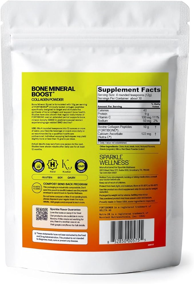 Sparkle Wellness FORTIBONE Bioactive Collagen Peptides | Collagen Powder Supplement with Nutra C Buffered Vitamin C for Bone Health | Bone Mineral Boost (Mixed Berry) [30 Serves]