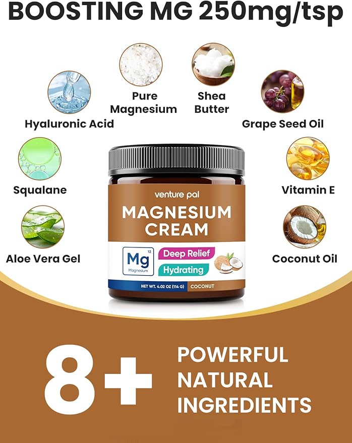 Venture Pal Topical Magnesium Cream, Fast-Absorbing Magnesium Moisturizing Lotion with Coconut Oil, Shea Butter & Hyaluronic Acid, Suitable for Kids