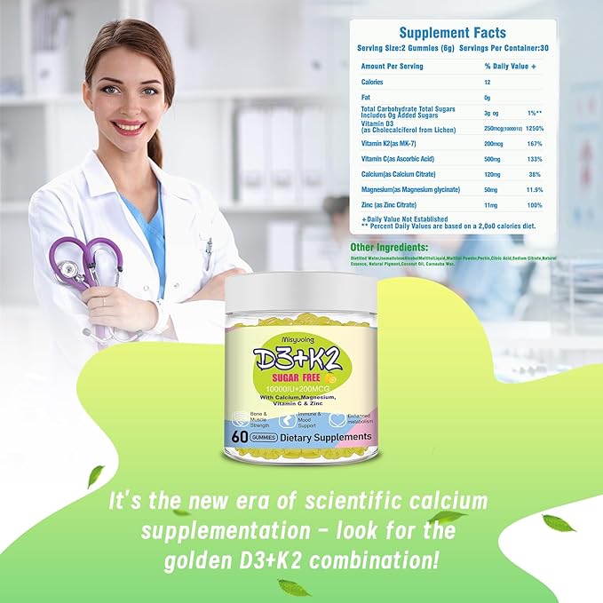 Vitamin D3K2 Gummies,Vitamin D3 10000 IU with K2 200mcg,VitaminC,Calcium,Magnesium,Zinc,Support for Bones,Joints,Muscles,Nerves,and Immune System (60, Lemon，Sugar-Free)