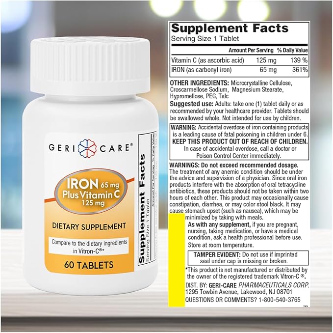 GeriCare Iron 65mg Plus Vitamin C 125mg Tablets – High-Absorption Iron for Anemia Support, Red Blood Cell Production, Fatigue Reduction, and Immune Health – 60 Count (2 Pack)