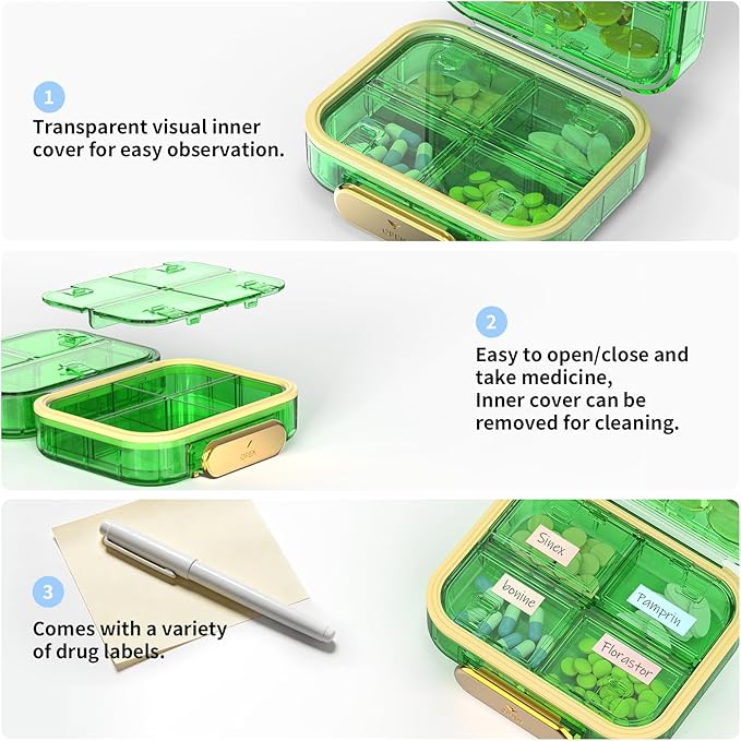 Travel Pill Organizer, Waterproof Weekly Pill Box 7 Day, Portable Container for Purse Pocket, Removable Compartments Daily Supplements Case, Airtight Storage for Outdoor (Green)