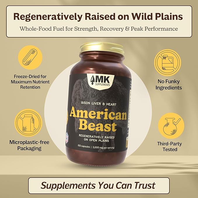 MK Supplements American Beast | Bison Liver & Heart Capsules | ~49x More CoQ10 Than Beef Liver | Regeneratively Raised Bison | 150 Capsules