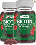 YumVs Biotin Gummies 5000mcg - Luscious Raspberry Flavor - Thicker Faster Hair Growth Gummies for Women or Men - Hair, Skin & Nails Vitamins - Hair Gummy - Vegetarian Biotin Supplement (60 Ct., 2pk)