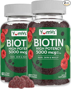 YumVs Biotin Gummies 5000mcg - Luscious Raspberry Flavor - Thicker Faster Hair Growth Gummies for Women or Men - Hair, Skin & Nails Vitamins - Hair Gummy - Vegetarian Biotin Supplement (60 Ct., 2pk)