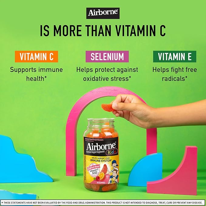 Airborne Kids 500mg Vitamin C Gummies, Kids Immune Support Zinc Gummies with Powerful Antioxidants VIT C & E - 63 Gummies, Assorted Fruit Flavor (Pack of 4)