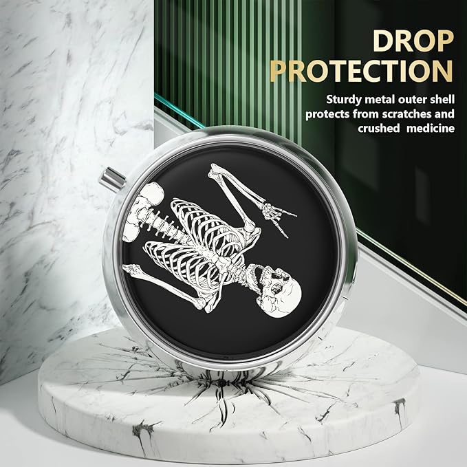 Nipichsha Pill Box, Small Pill Case for Purse & Pocket, Cute Travel Medicine Organizer, Portable Medicine Container Holder to Hold Vitamins, Medication, Fish Oil & Supplement, Human Skeleton