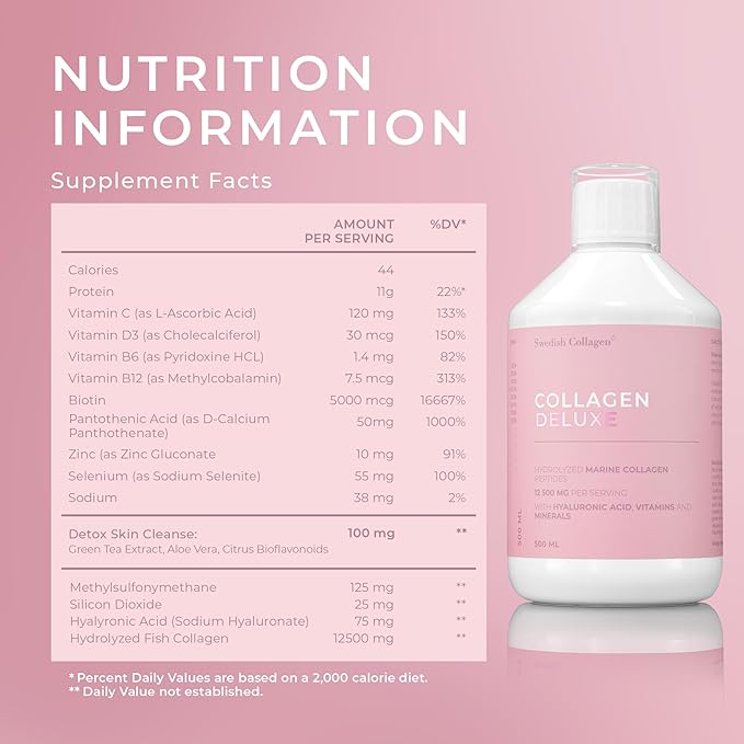 Swedish Collagen Deluxe | 12,500 mg Hydrolyzed Marine Collagen Liquid Supplement - 3 x 500 ml (1,500 ml in Total), 60 Day Supply | Hyaluronic Acid, Biotin & Vitamin C for Hair, Skin, Nails & Joints