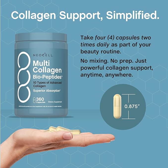 NeoCell Multi Collagen Peptides Capsules | 360 Pills | 10 Types of Advanced Bio-Peptides | Superior Absorption | Grass Fed Complex Supplement | for Women and Men