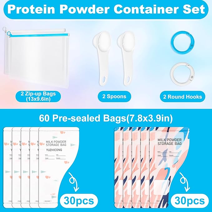 66Pcs Disposable Protein Powder Travel Container Set, 2 Styles 60 Disposable Pre-sealed Bags To Go, Leakproof Design for Gym, Workouts, Travel, with 6 Storage Pouchs, Scoops, Hooks