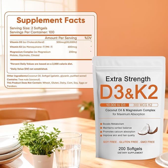 Vitamin D3 K2 Magnesium Complex, Extra Strength D3 & K2 with Triple Magnesium Softgels, D3 + K2 (Mk-7) | Support Bone & Immune | Improve Energy | Non-GMO, 200 Softgels (1) (1)