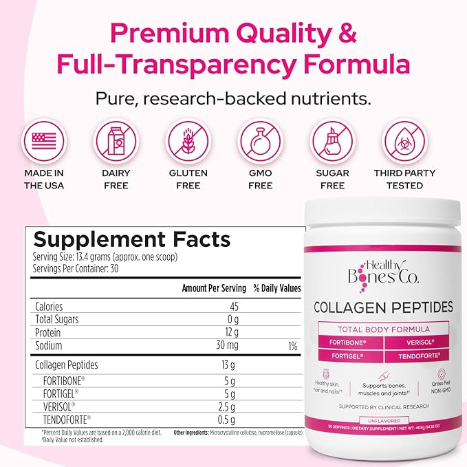FORTIBONE® Premium Bone Health Collagen Peptides w/FORTIGEL®, VERISOL® & TENDOFORTE®, Clinically-Supported for Bones, Joints Skin Hair Nails, Hydrolyzed Collagen, Anti-Aging Formula (30 Servings)