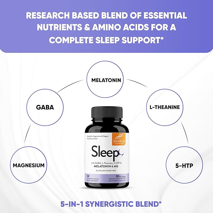 Sandhu's Sleep 60 Capsules –Non-Habit Forming 5-in-1 Sleep Aid Supplement with Melatonin, Magnesium, GABA, L-Theanine & 5-HTP