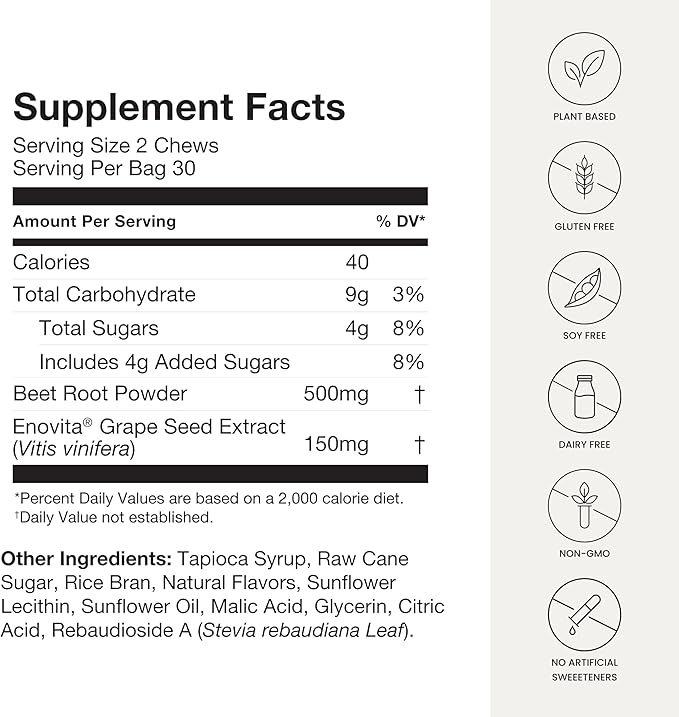 Humann SuperBeets Heart Chews, Beet Root Powder Support Energy Supplement, Nitric Oxide and Blood Pressure Support, Grape Seed Extract & Non-GMO, Heart Health, Pomegranate Berry Flavor, 120 Count