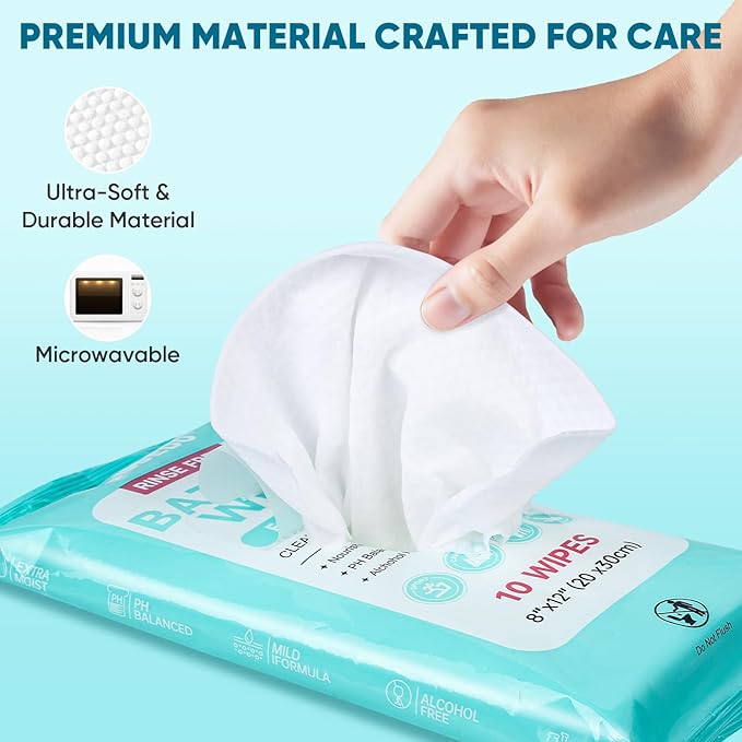 No Rinse Bathing Wipes for Adults - Extra Thick 8x12 Inch Disposable Shower Wipes, Hypoallergenic Unscented Body Cleansing Cloths for Bed Bath, Hospital, Travel, Camping - 300 Count(30 Packs)