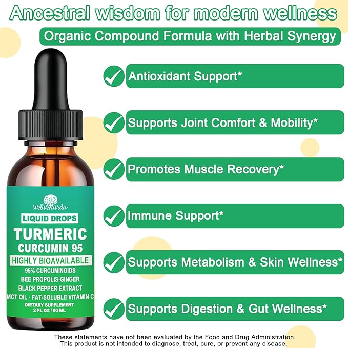 Turmeric Curcumin Supplement Drops with 95% Curcuminoids, Enhanced Absorption Liquid Turmeric Complex 1000mg w/Bee Propolis Ginger MCT Oil Vitamin C & Black Pepper for Joint & Immune Support | Non GMO