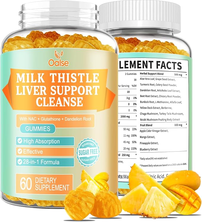 Liver Cleanse Detox & Repair 2000 Mg Milk Thistle Gummies - Mango Pineapple - with NAC, Glutathione, Dandelion Root, Aloe Vera Leaf, etc, Gluten-Free, 60 Count
