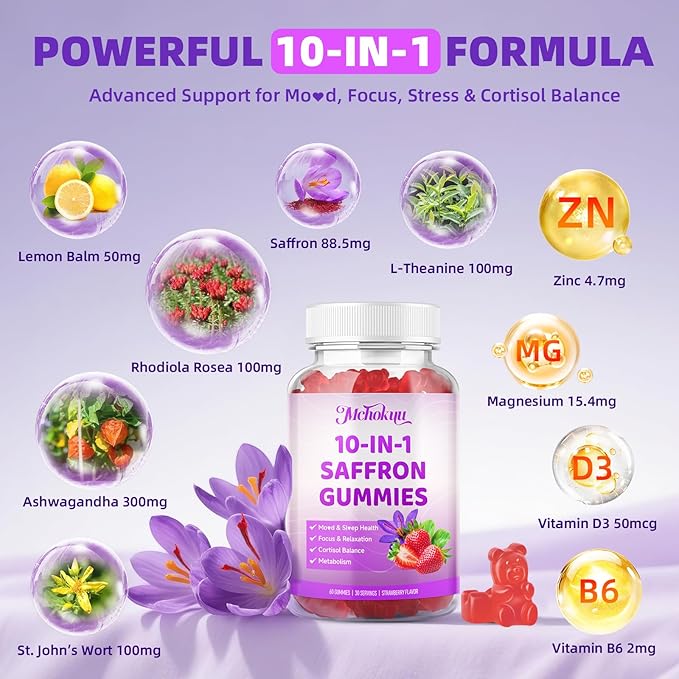 Saffron Supplements Gummies for Kids & Adults Vision, Zzz, Focus & Cortisol with Ashwagandha, L-Theanine, Rhodiola Rosea, St.John's Wort, Lemon Balm, Vitamin D3, B6, Magnesium & Zinc, Strawberry, 120
