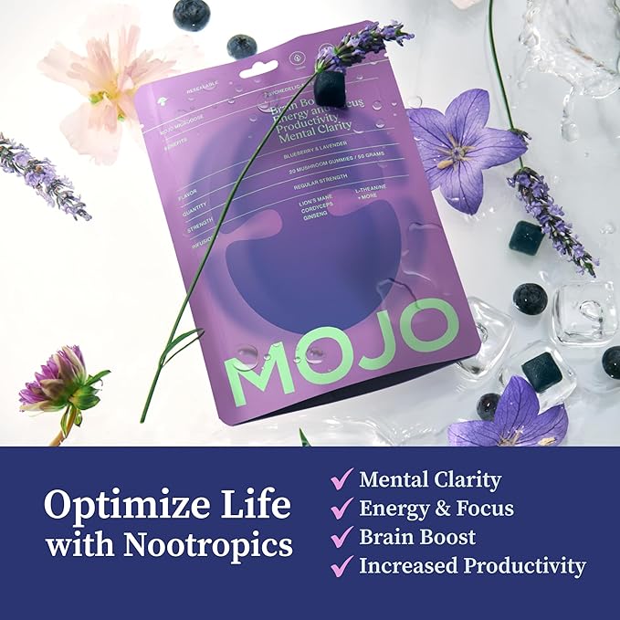 Mojo Focus Gummies w/Lion’s Mane, Panax Ginseng, Ginger Root, Cordyceps, Brain Supplement Memory/Focus Support Adults Nootropic Mushroom Gummies, Blueberry Lavender, Regular Strength (3 Pack)