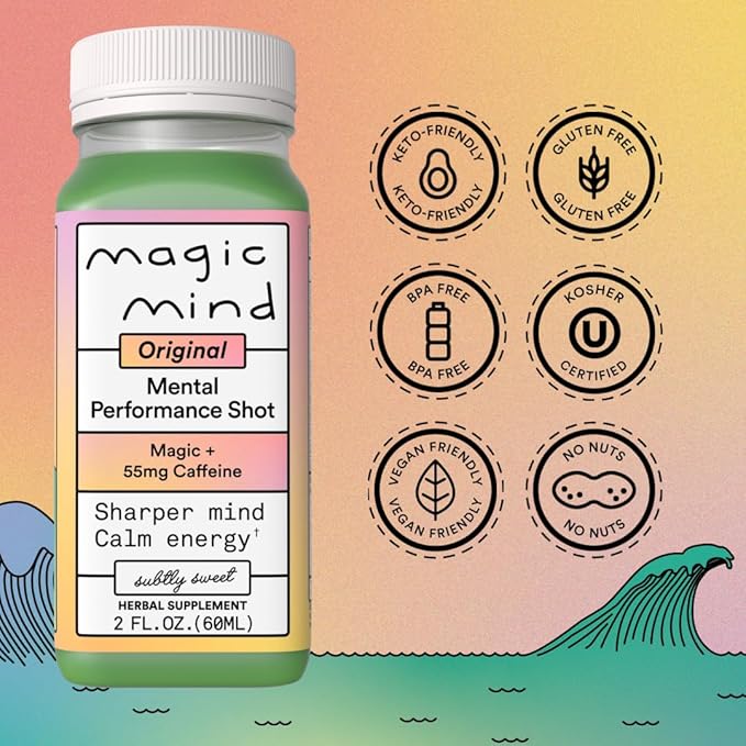 Magic Mind Focus Energy Drink Shots - No Jitters, Stress Relieving, Ashwagandha, Functional Mushrooms, Matcha Green Tea, Vitamin B12, Vitamin C - 2 FL Oz (30 Pack)