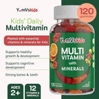 YumVs Kids Multivitamin Gummies - Fruit Flavored Chewable Children's Multivitamin - Kids Vitamins Multivitamin Gummy with 12 Minerals & Vitamins A C D3 E B6 B12 (120 Count (Pack of 1))