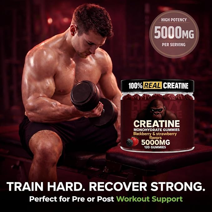 Creatine Monohydrate Gummies 5g Sugar Free Creatine with Vitamin B12 and L-Taurine | Muscle Growth for Men and Women | Low Calorie Formula 120 Gummies for 30 Servings, Mixed Berry
