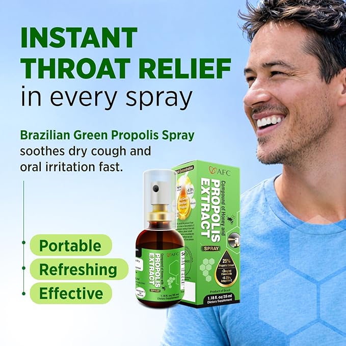 AFC Japan Brazilian Green Propolis Extract with Honey Throat Spray | Natural Throat Relief, Immune Support & Freshen Breath | High Artepilin C & Flavonoids from Propolis Extract | (1.0 oz) (Pack of 1)