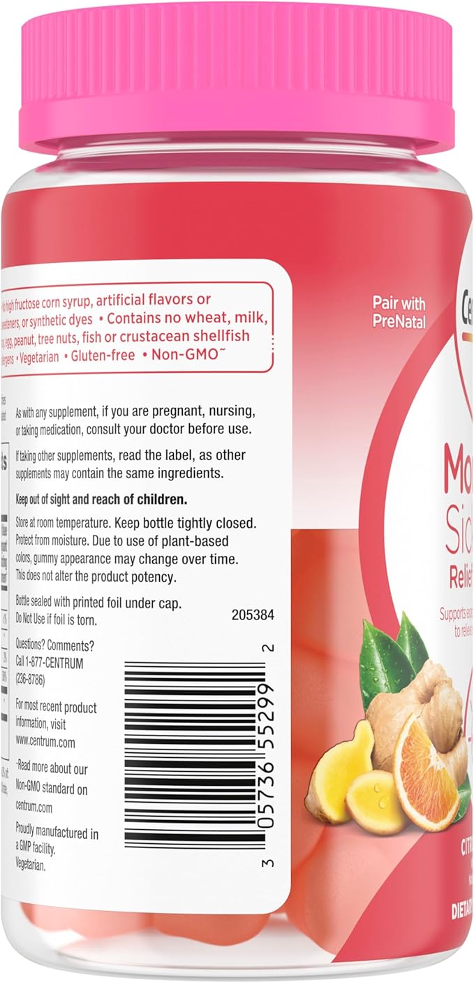 Centrum Morning Sickness Relief Gummies, Citrus Ginger Flavor - 60 Count, Up to 60 Day Supply
