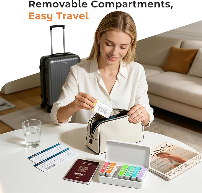 Betife Removable Travel Pill Organizer, Weekly Pill Organizer for 1 Time a Day with Easy Sliding Drawers, Large Pill Box with Airtight Seals for Supplements and Vitamins, White