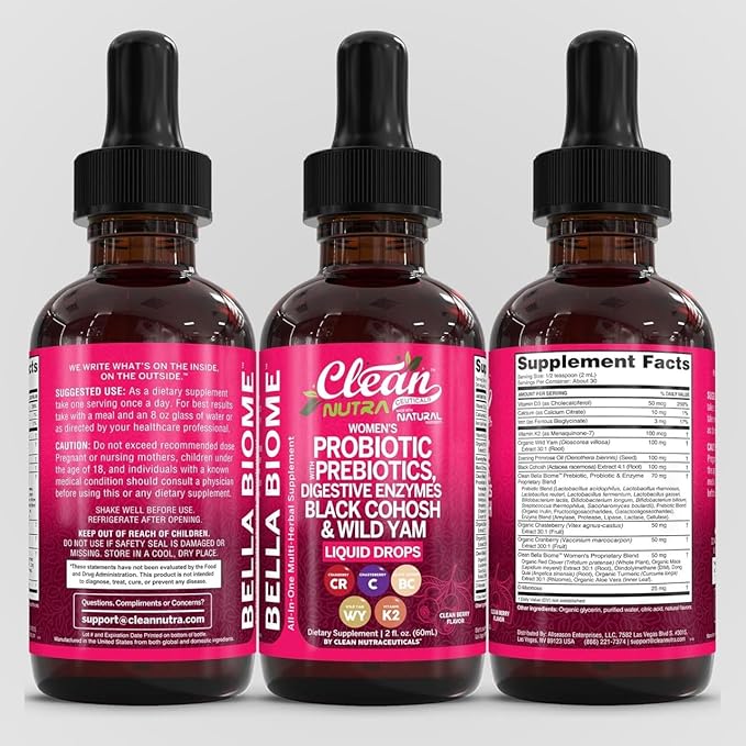 Liquid Probiotics for Women Drops with Chasteberry, Black Cohosh, Prebiotics, Digestive Enzymes, Evening Primrose Oil, Wild Yam, Cranberry Dmannose and Iron Vitamin D3 K2 Clean Nutra Bella Biotics