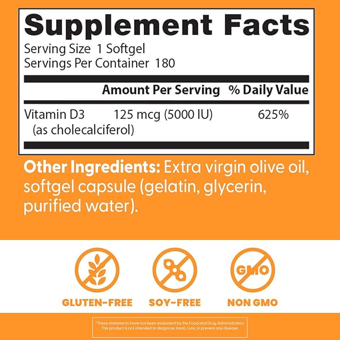 Doctor's Best Vitamin D3 5000IU, Non-GMO, Gluten & Soy Free, Regulates Immune Function, Supports Healthy Bones, White, No Flavour, 180 Count