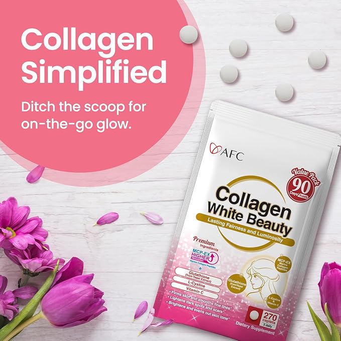 AFC Japan Collagen White Beauty with Marine Collagen Peptide, Glutathione, L-Cystine - 1.5X Better Absorption Than Other Collagen – Supports Skin Firmness & Radiance x3 Packs – 270 Days Supply
