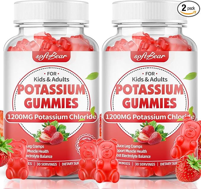 softbear Potassium Gummies for Adults, Sugar Free Potassium Chloride Gummies 1200mg Support Leg Cramps & Electrolyte Balance High Potency Potassium Supplement, Strawberry Flavor 120 Count