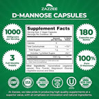 Zazzee D-Mannose, 1000 mg per Serving, 180 Vegan Capsules, 3 Month Supply, Potent & Fast-Acting, Certified Kosher, 100% Pure, All-Natural Urinary Tract Health Support, 100% Vegetarian, Non-GMO
