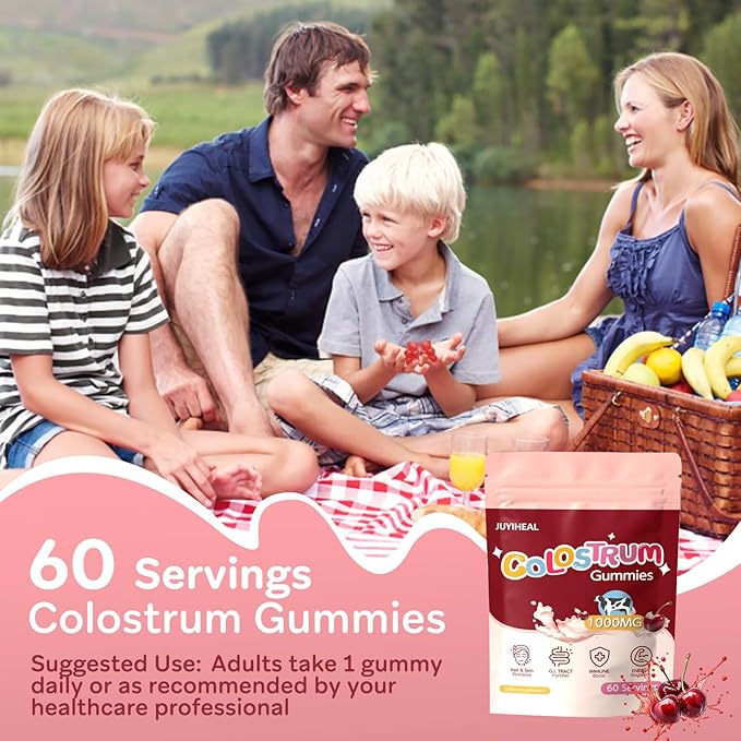 Colostrum Gummies, 1000 mg Grass Fed Colostrum Chews Colostrum Supplement for Gut Health, Hair Growth, Beauty, and Immune Support, Cherry Flavor 60 Servings