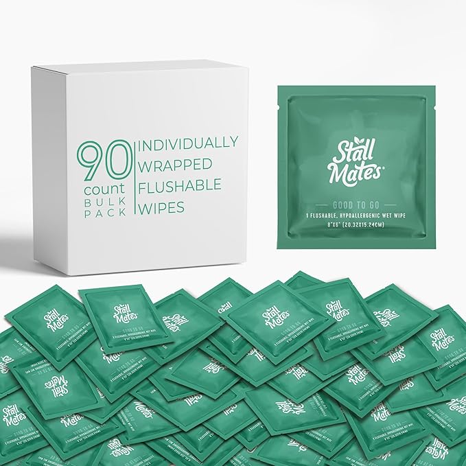 Stall Mates - Flushable Wipes, Individually Wrapped, Travel Friendly, Unscented with Cucumber, Vitamin-E & Aloe (90 on-the-go singles) BULK PACK