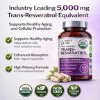 Purity Labs Trans-Resveratrol Supplement 5,000 mg Equivalent per Serving with Quercetin, USDA Organic High Potency Antioxidant, Vegan Capsules, 90 Count