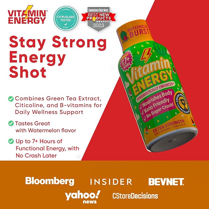 Vitamin Energy Immune+ Extra Strength Energy Shot Watermelon Burst 10 Pack, 260mg Natural Caffeine, B-Vitamins, Citicoline, Green Tea, Immunity & Focus Support, Zero Sugar, Gluten-Free 1.93 fl oz