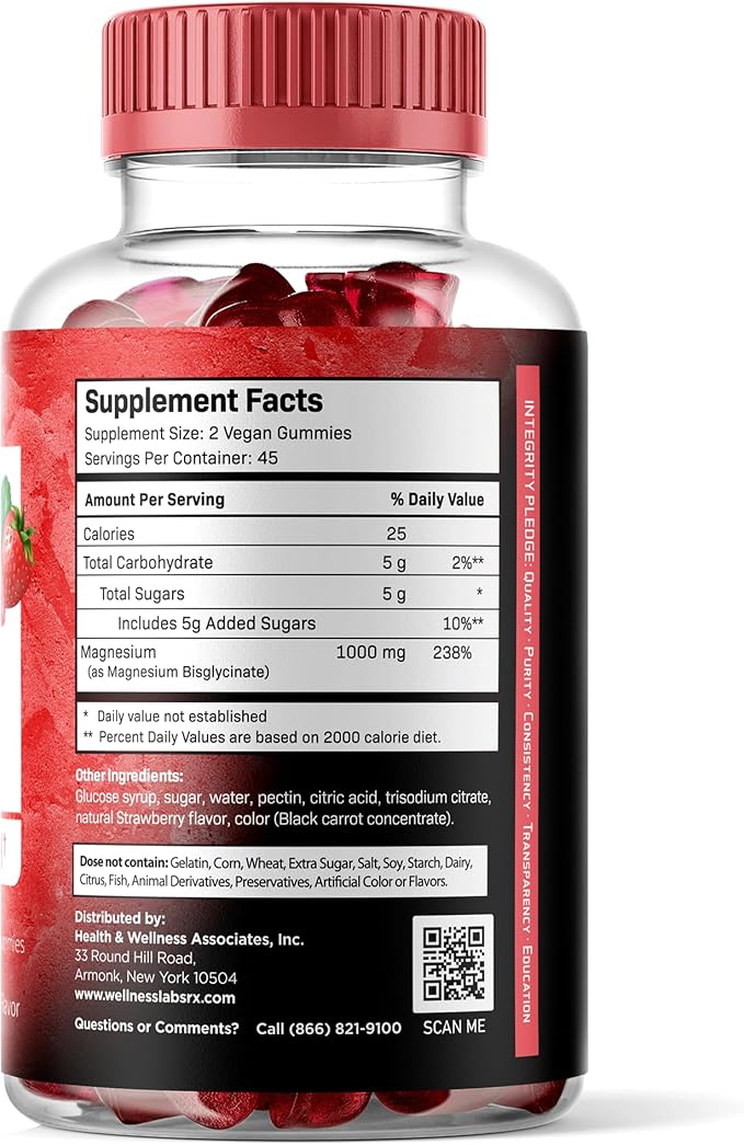 Magnesium Glycinate Gummies, 1000 mg - Magnesium Supplement to Support Relaxation, Heart Health - Chewable Calm Magnesio Gummies for Adults, Glicinato De Magnesio - Strawberry Flavor - Pack of 2