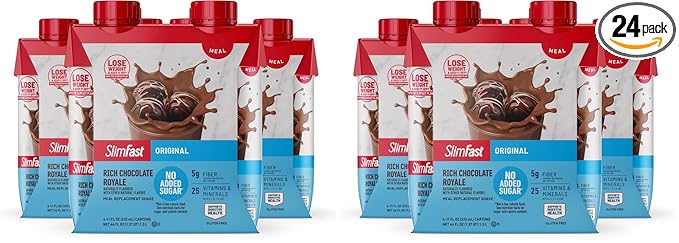 SlimFast Meal Replacement Shake, Original Rich Chocolate Royale, No Added Sugar, Meal Replacement Shakes, 10g Ready to Drink Protein, 5g Fiber, 25 Vitamins and Minerals, 11 Fl. Oz, 12 Count