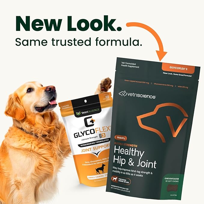 VetriScience Extra Strength Healthy Hip & Joint-Chews, GlycoFlex Glucosamine & Green-Lipped Mussel Joint Support Supplement for Small Breed Dogs,Soothe Joint Discomfort,Chicken 60 Count(Pack of 2)