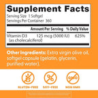 Doctor's Best Vitamin D3 5000 IU Softgels for Men & Women - Vitamin D Supplement for Immune System & Heart Health Support, 125 mcg per Serving, VIT D 3, Non GMO, Gluten Free, Soy Free - 360 Softgels