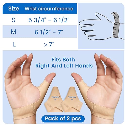 Velpeau Thumb Compression Sleeve for Tendonitis (Pack of 2), Seamless Technology, Gloves Wraps for Arthritis Pain Relief for Women & Men, Splint Liner, Fits Both Hands (Khaki, Short Version, L)