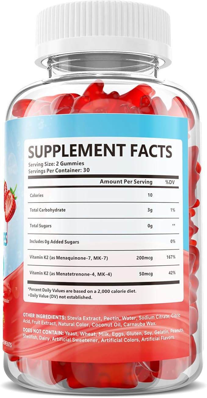 Vitamin K2 Gummies, Dual Formula Vitamin K2 Supplement with MK-7 & MK-4, Supports Bone Health, Gluten-Free, Sugar-Free, Non-GMO, Strawberry Flavor, 60 Gummies