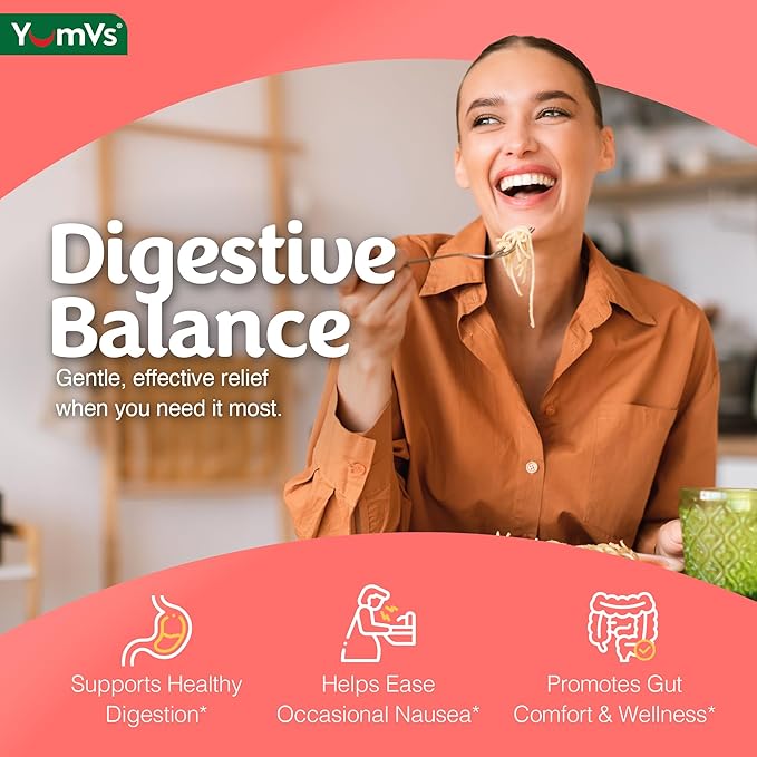 YUM-V'S YumVs Ginger Gummies, 500 mg Ginger Root Extract, Peach Flavor, Nausea Relief, Digestion & Immune Support, Vegan, Non-GMO, Gelatin-Free (60 Count)