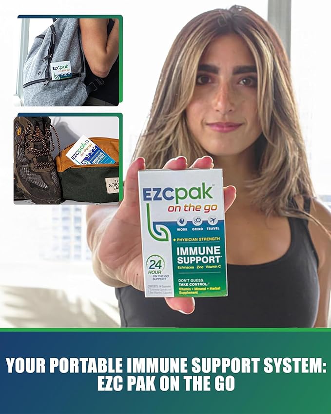 EZC Pak On The Go Immune System Booster with Echinacea, Vitamin C, Zinc, Immune Support Supplement, Immunity Vitamins for Adults, Travel-Friendly Packaging, Vegetarian, Gluten-Free