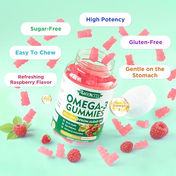 2 Pack Omega-3 Gummies 1000mg, Omega 3 Fish Oil Alternative for Adults, Algae-Based DHA 600mg & EPA 300mg + Vitamins A, C, E, Zinc, Supports Overall Wellness, Raspberry Flavor, 120 Count