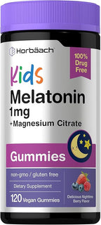 Horbaach Kids Melatonin & Magnesium | 120 Vegan Gummies | Berry Flavor | 100% Drug Free | Non-GMO and Gluten Free