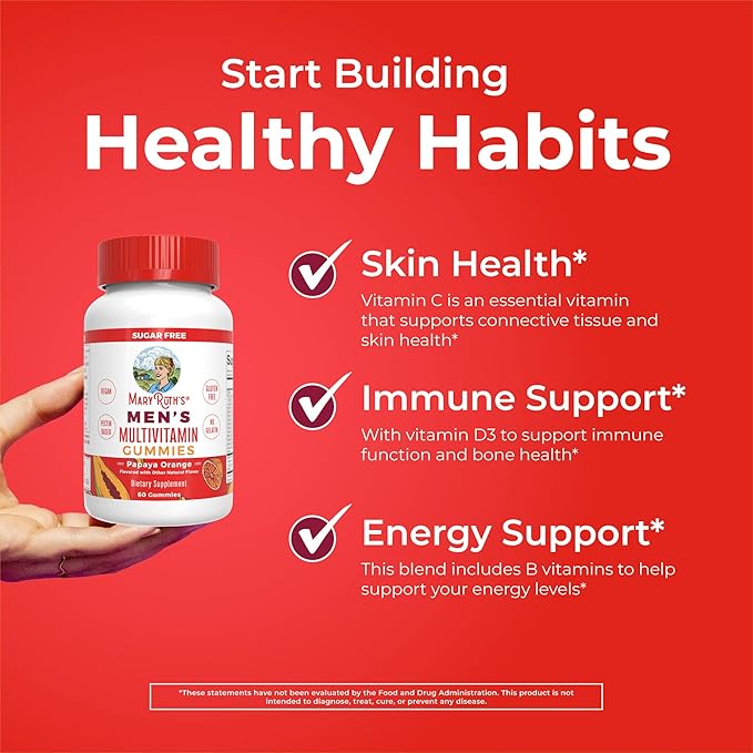 MaryRuth's Multivitamin Gummies for Men | Vitamin A, C, D, E, B6, B12, Biotin, Zinc | Energy Metabolism | Immunity | Bone Health | Cellular Health | Vegan | Non-GMO | Gluten & Sugar Free | 60 Count